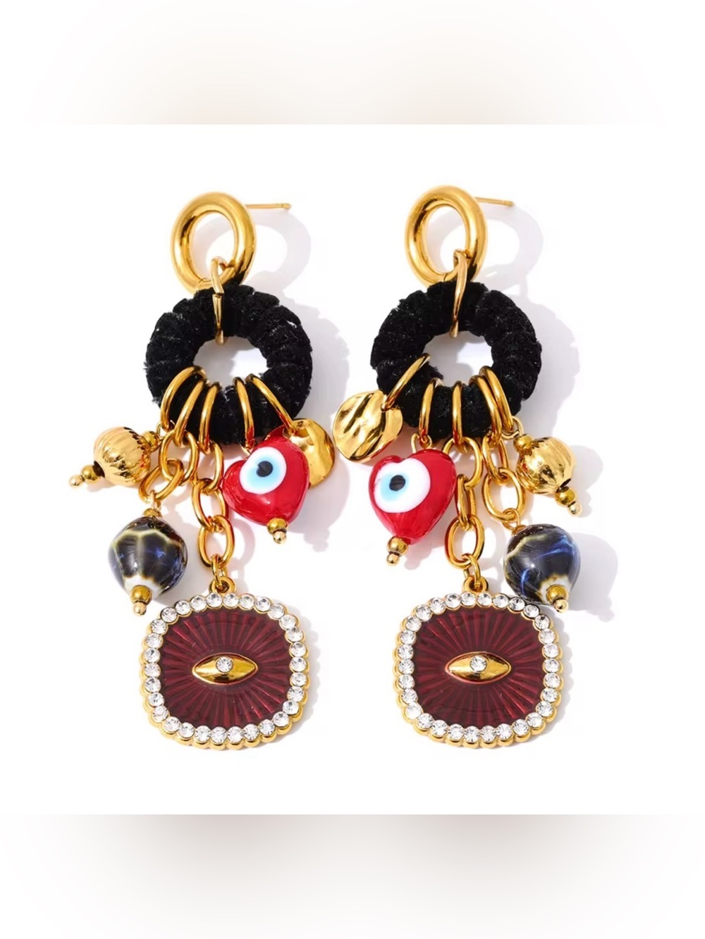Evil Eye Charm Statement Earrings – Gold Tone Boho Earrings - Picture 1 of 9